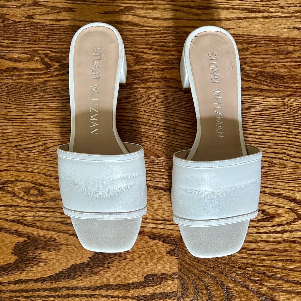 Stuart Weitzman Cayman Block Heel Slides Mule Sandals White Leather 35mm 8.5